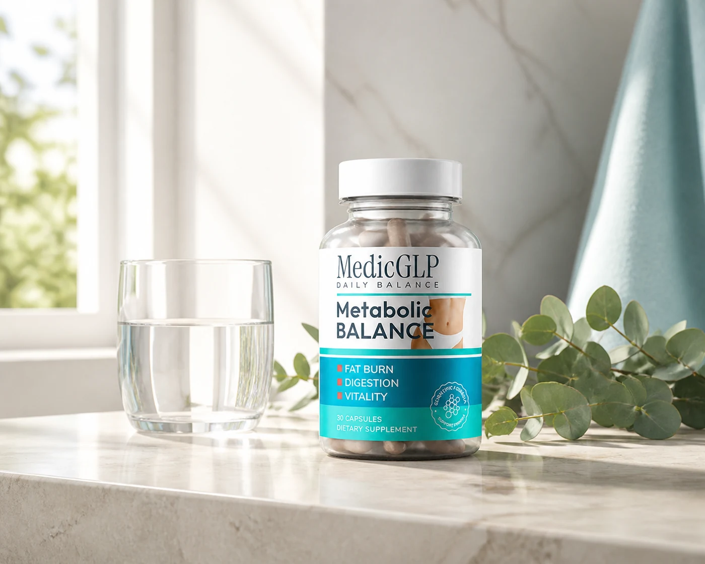 MedicGLP Daily Balance lângă un pahar cu apă, într-un decor luminos